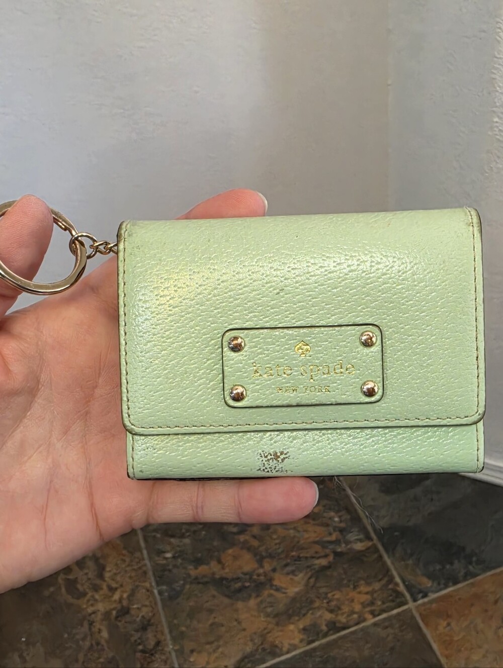 Kate Spade New York Wellesley Darla Mint Green Leather Mini Wallet Keyring